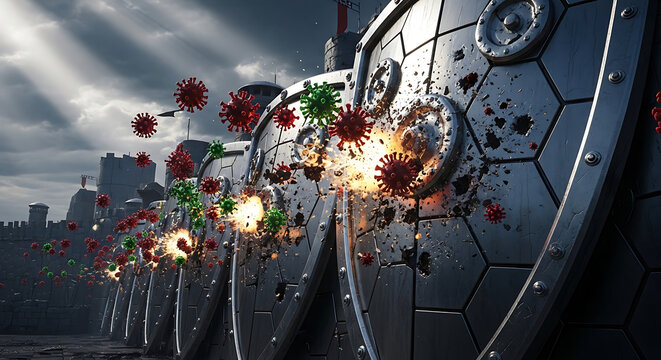Fictional representation of a shield wall defending against a viral invasion, illustrating a battle against disease and illness