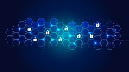 Abstract digital security concept with interconnected locks on a blue hexagonal grid, symbolizing data protection and technology. © 88
