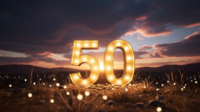 Illuminated 50 in Field at Sunset.