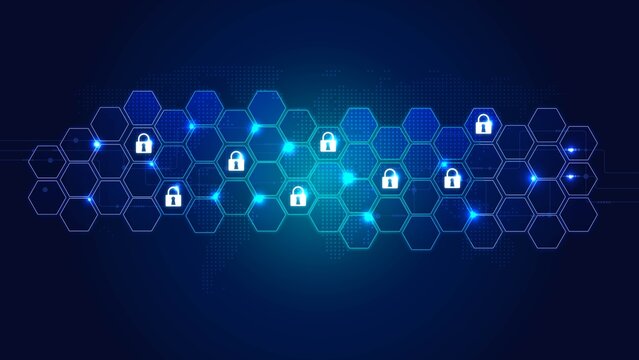 Abstract digital security concept with interconnected locks on a blue hexagonal grid, symbolizing data protection and technology.