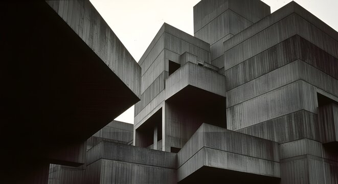 Monochromatic architectural photography of brutalist concrete buildings featuring modular rectangular blocks and sharp geometric shadows.