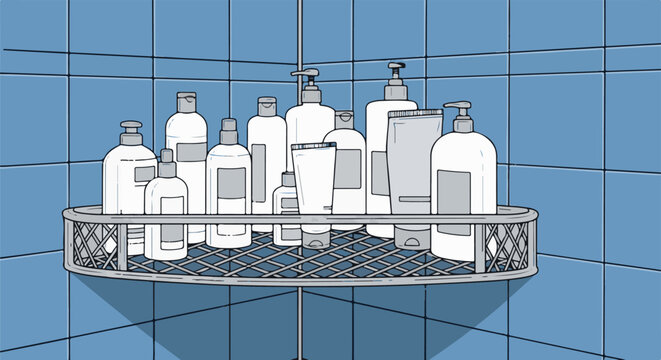 Various toiletries and hygiene products arranged on a shower caddy