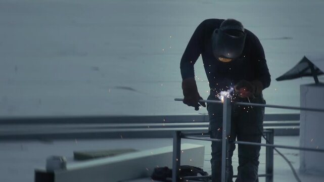Worker performs metalwork on rooftop construction, joining railing sections. Protective mask and gloves shield worker from bright sparks of welding torch, showing industrial activity. Hard work, safet
