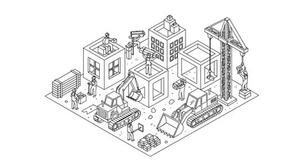 Obraz premium Isometric illustration of a construction site with cranes, excavators, and workers building modular structures.