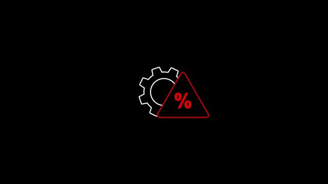 Red percentage sign within a triangle warning symbol overlaid on a gear isolated on black background