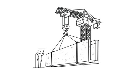Fototapeta premium Technical line drawing of a construction crane hoisting a massive precast concrete beam at a building site with a worker.