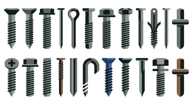 Comprehensive assortment of industrial metal bolts, screws, fasteners, hardware components, construction tools, mechanical hardware, workshop supplies, metallic fasteners in various head designs.
