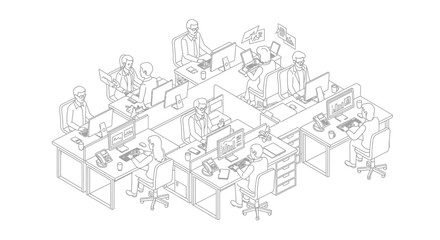 Obraz premium Isometric line drawing of a busy open-plan office with multiple workstations and employees engaged in work.