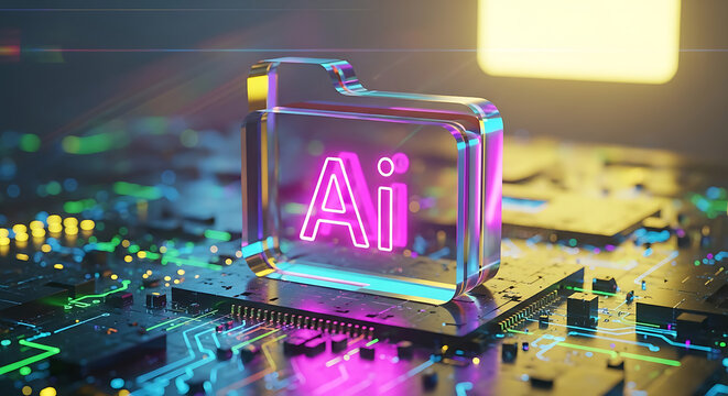 Glowing transparent block with neon AI text on a futuristic circuit board representing artificial intelligence concept machine learning deep learning big data technology computer innovation