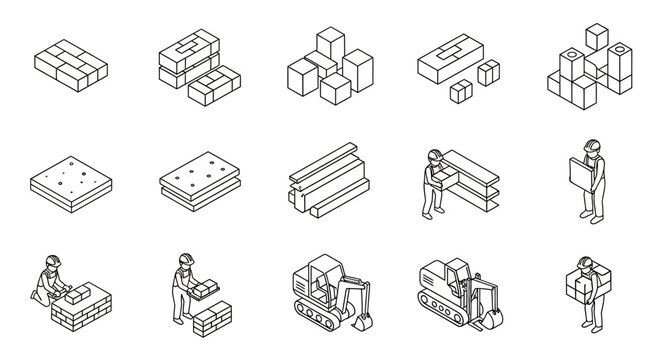 Isometric illustrations depicting the construction process, from raw materials to finished structures and human labor.
