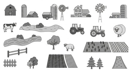 Farm scene illustration with barn tractor cow sheep and crops. © Henda