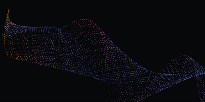 Neon sound wave on black background. Abstract flowing wavy dot lines design for ai concept, eq equalizer, audio record, voice assistant. Vector blue green purple gradient dashed curve stripe wallpaper