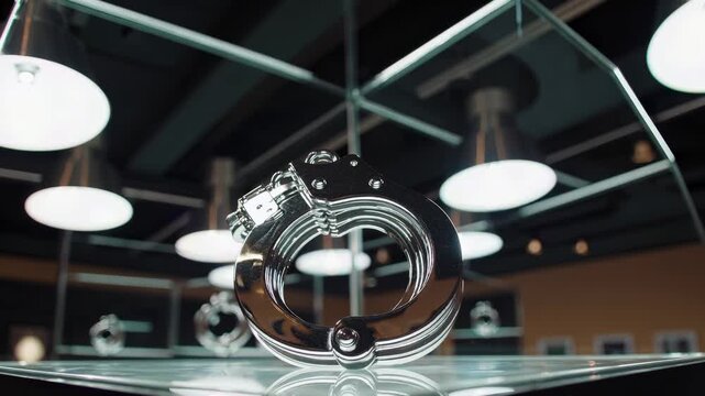 Close-up of metal handcuffs hanging in courtroom interior with blurred lights in background. Justice and law enforcement concept. Steel handcuffs inside modern judicial building. Crime, punishment