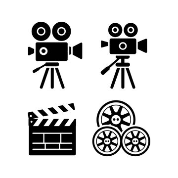 Vintage film camera and clapperboard icon set cinema production