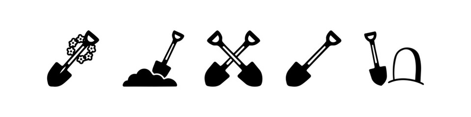 Set of burial and funeral shovel icons in black silhouette style, including digging dirt, gravestone, and commemorative wreath symbols for mourning and landscaping concepts. © Trends