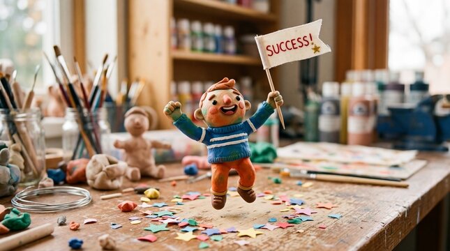 Clay figure celebrating success holding flag in workshop
