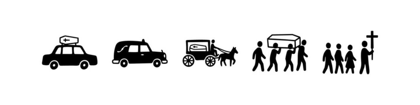 Funeral procession icon set featuring various transportation methods: car with coffin, hearse, horse-drawn carriage, pallbearers, and mourners following a cross. Minimalist silhouette style.