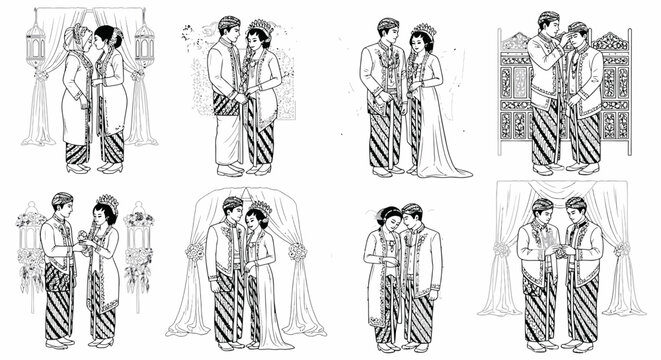 Set of line art illustrations of traditional Javanese wedding couples in ethnic attire