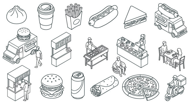 Collection of isometric line art icons for fast food items and street food scenes. Includes food trucks, vendors, customers, burgers, hot dogs, pizza, drinks, and more.