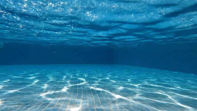 Split view of a crystal clear blue swimming pool with sunlight reflecting on the underwater tiles during a sunny summer day.