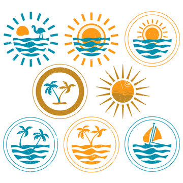 Vintage Tropical Sunset Logos with Palm Trees and Waves