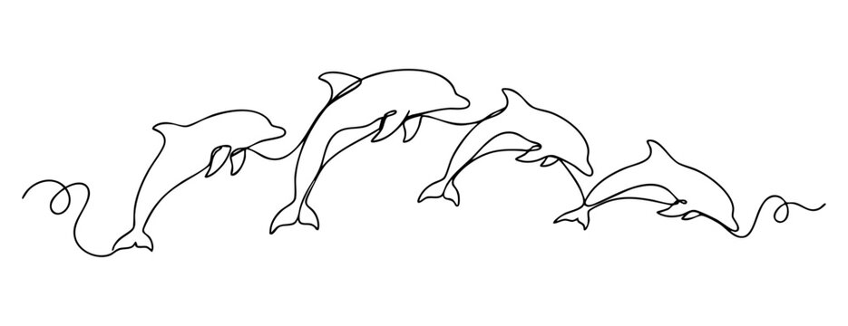 Continuous line drawing of four dolphins leaping through abstract waves