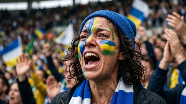 A girl with his face painted screams in complete ecstasy while celebrating his team's goal in a packed stadium