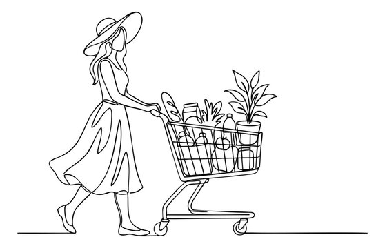 Continuous one line drawing of fashionable woman pushing a full shopping cart