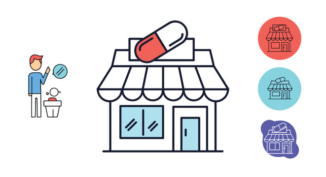 Pharmacy store building illustration with a large red pill on the roof and variations of icons for a health care business concept.