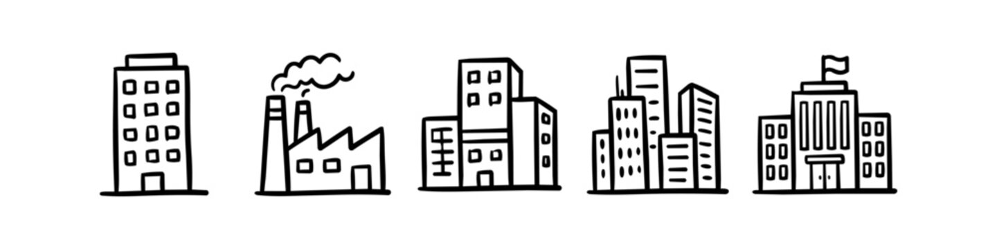 Set of five hand-drawn building icons including a factory, office, and city hall. Black ink doodle style illustrations of urban architecture and industrial structures on a white background.