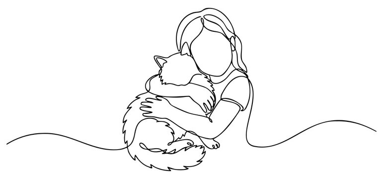 Continuous one line drawing of young girl hugging a fluffy cat