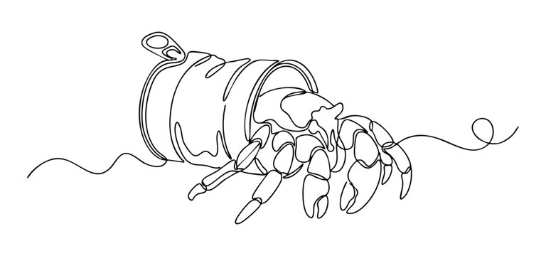 Hermit crab reclaiming an aluminum can as a home, continuous line drawing illustration, intersection of marine life and human waste
