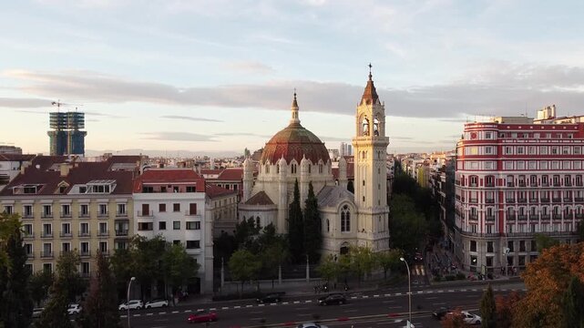 Aerial landscape view of The Church of San Manuel y San Benito (Iglesia de San Manuel y San Benito), a Catholic church located in Madrid, Spain