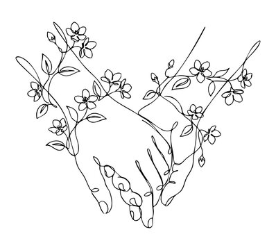 Minimalist line art illustration of interlocking hands adorned with delicate wildflowers