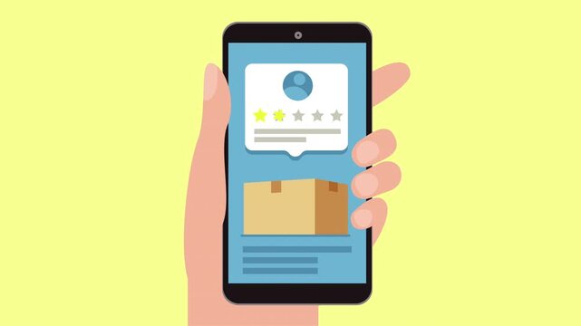 Animated hand holding smartphone showing product review and five star rating for online shopping, epresenting a perfect customer review and high satisfaction for an online purchase. 4k video