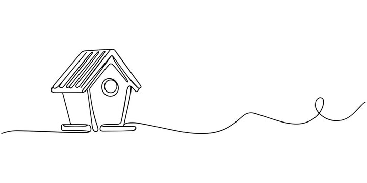 Continuous one line drawing of bird house, symbolizing time and nature, line art style vector illustration, Birdhouse Single Line Drawing with Editable Stroke, Continuous Line Drawing of a Birdhouse