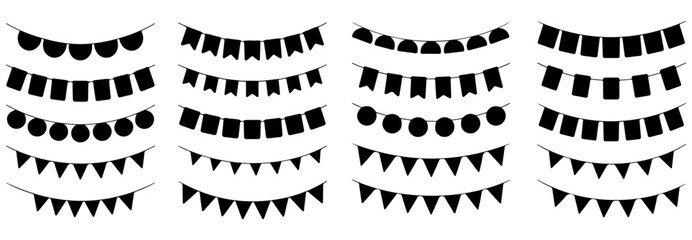 Paper bunting garland carnival with flag black silhouette, Hand-drawn various flag shapes vector triangles, rectangles, and semi-circles, Bunting silhouette set © Nayan