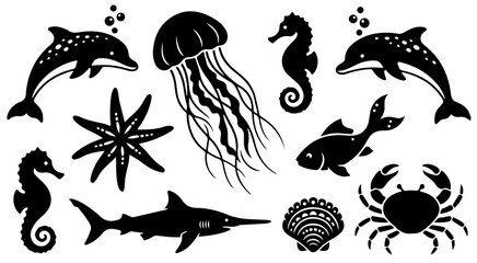 Ocean animals silhouette vectors, Sea animal silhouette ocean vector dolphins, a jellyfish, seahorses, and a crab, Sea animals icon set © Nayan