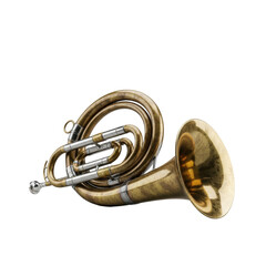Obraz premium antique brass post horn with intricate coils and aged patina, isolated on a transparent studio background with high-key macro focus, commercial presentation and historical reverence concept