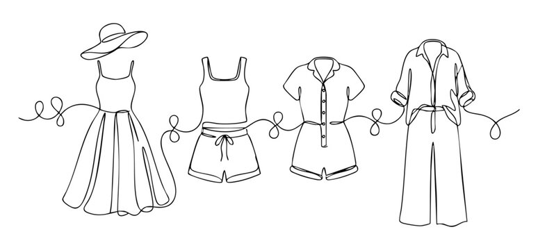 Minimalist one line drawing of women&rsquo;s summer fashion collection, vacation apparel set