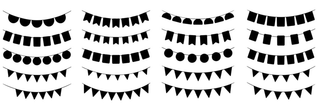 Paper bunting garland carnival with flag black silhouette, Hand-drawn various flag shapes vector triangles, rectangles, and semi-circles, Bunting silhouette set