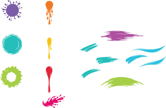 set of colorful paint drips, ink blots, and artistic brush strokes isolated