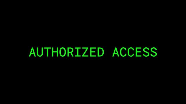 Authorized access text typing on a digital terminal screen with a blinking cursor and subtle pulsing green glow on a black background