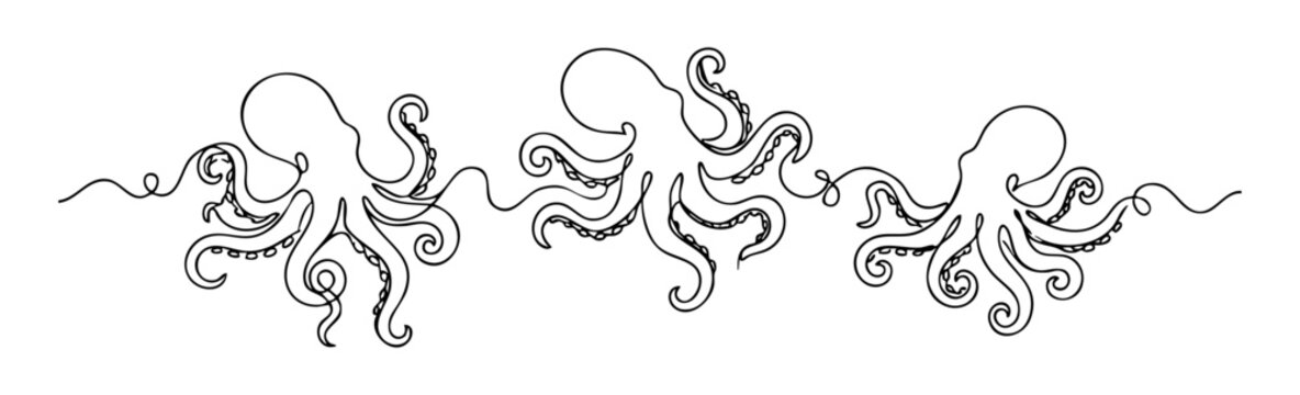 Minimalist one-line art illustration of three octopuses in a seamless flow
