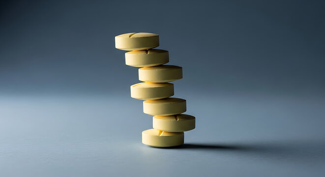 Stack of six round yellow objects on a blue background