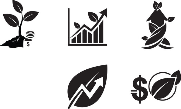 Set of eco business icons, green growth, sustainable development, financial success, environmental investment, vector illustration