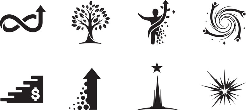 Set of business growth and success icons, including infinity arrow, tree, human transformation, team spiral, financial stairs, rising arrow, star achievement, and explosion symbol
