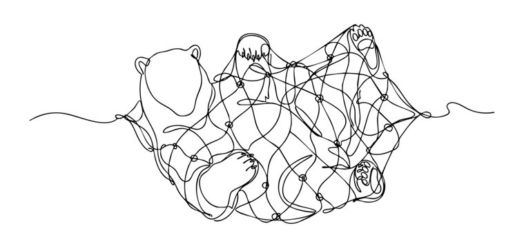 Simple one-line illustration of a bear trapped within a tight mesh net