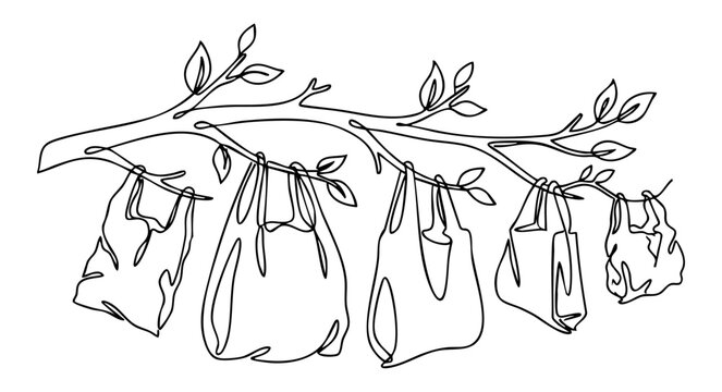 Plastic bags hanging on a tree branch minimalist line drawing, pollution awareness, sustainability and plastic free environment theme