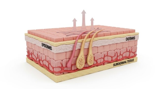 Anatomical illustration of human skin layers including epidermis, dermis, and subdermal tissue with labeled components